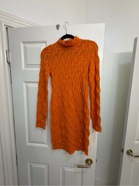 Topshop Orange Long Sleeve Textured Dress